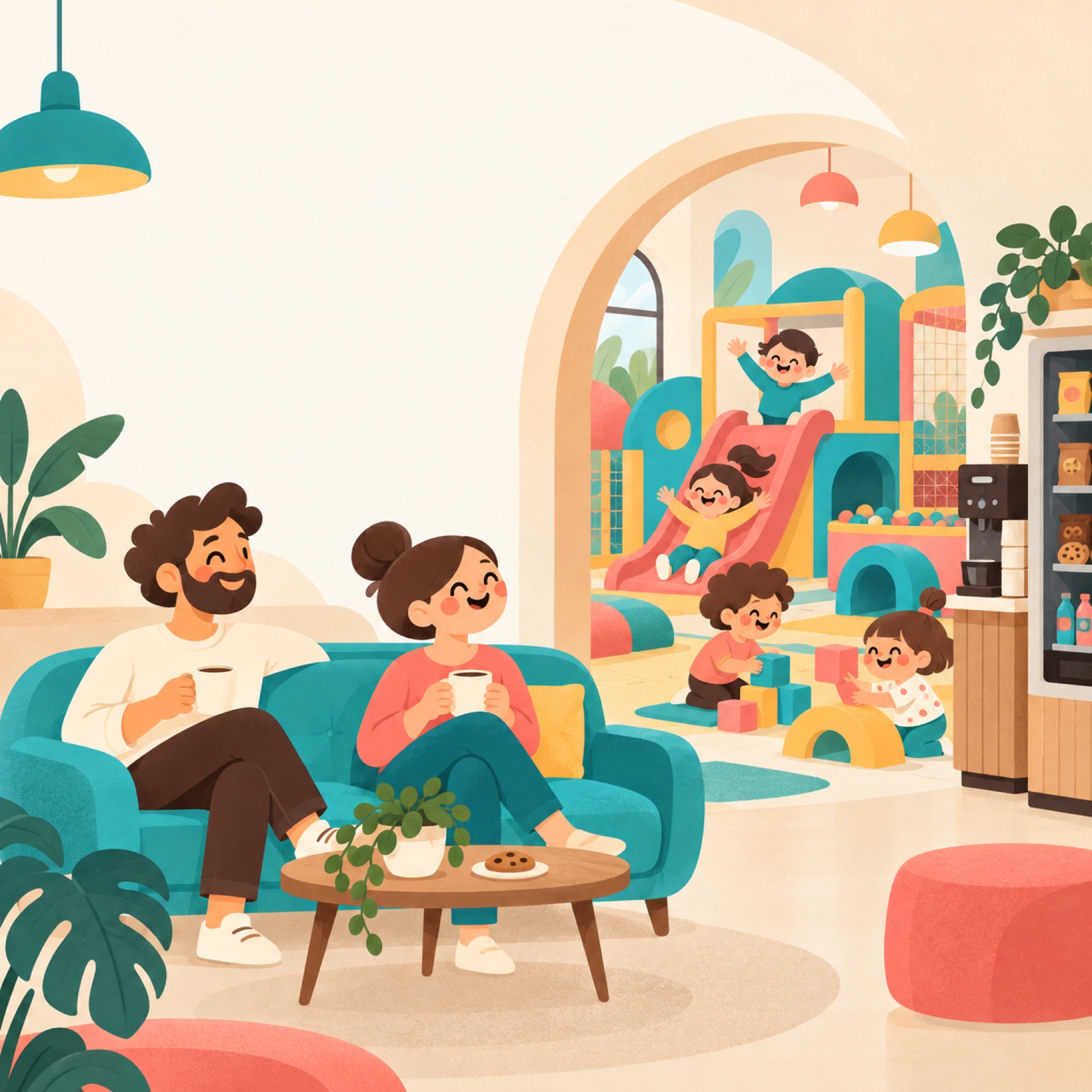 Familias tomando café mientras los peques juegan cerca