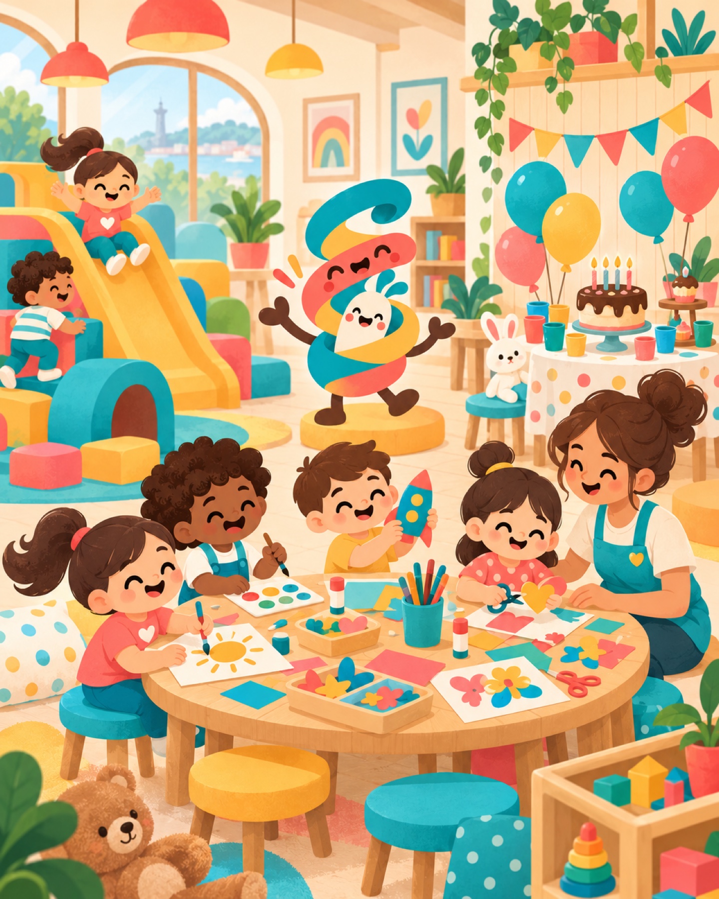 Peques participando en un taller creativo junto a un rincón de cumpleaños