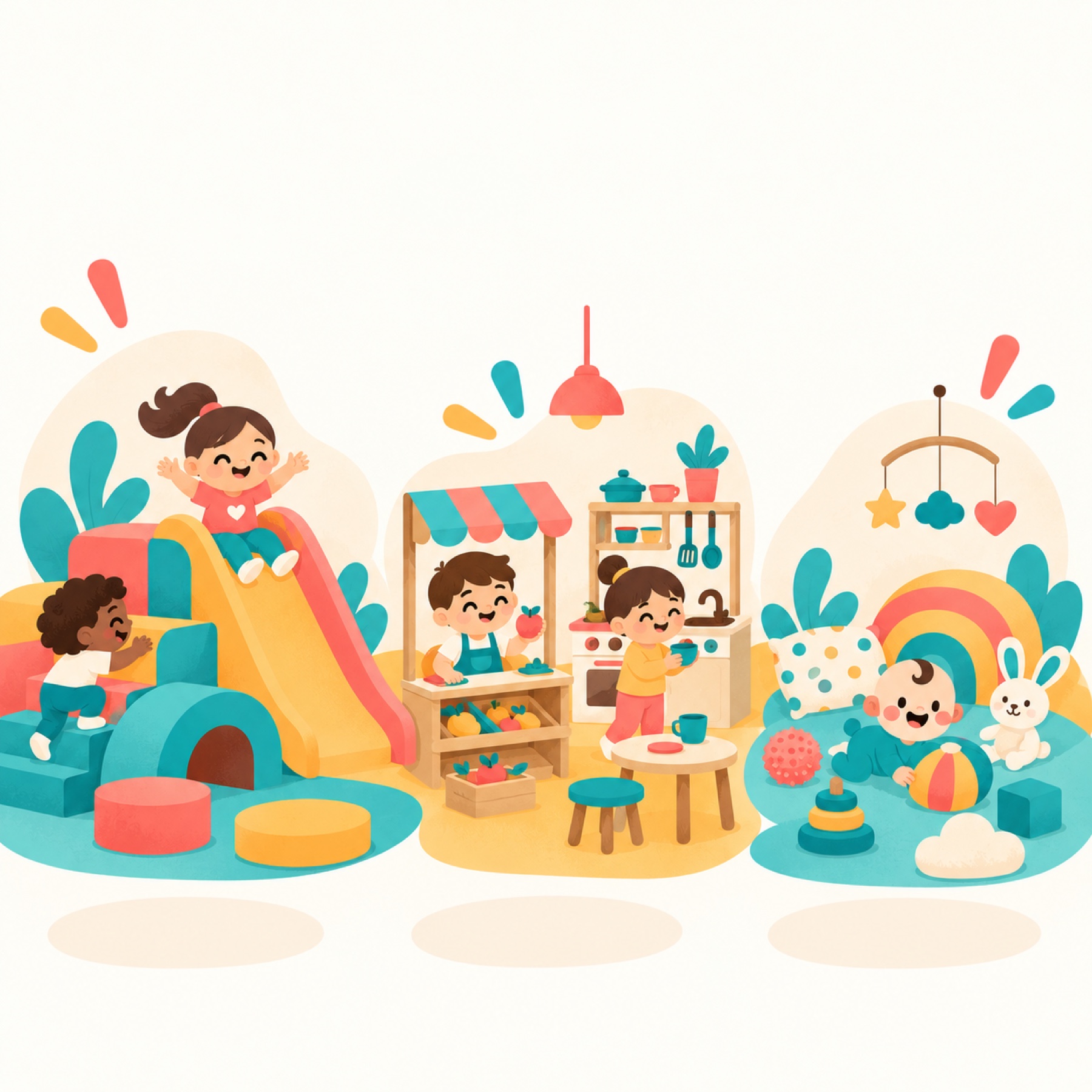 Ilustración de las zonas de movimiento, juego simbólico y bebés